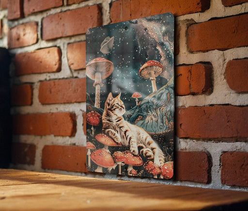 Space Cat Mushrooms Art Metal Poster - Psychedelic Kitty, Cosmic Exploration, Trippy Decor, Fantasy Art, Unique Wall