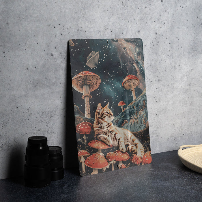 Space Cat Mushrooms Art Metal Poster - Psychedelic Kitty, Cosmic Exploration, Trippy Decor, Fantasy Art, Unique Wall