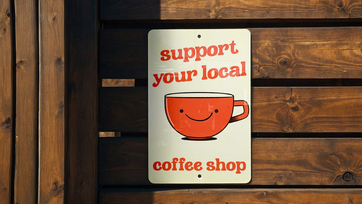 Support Local Coffee Metal Poster - Cafe Love, Coffee Culture, Community Support, Cozy Decor, Caffeine Enthusiast
