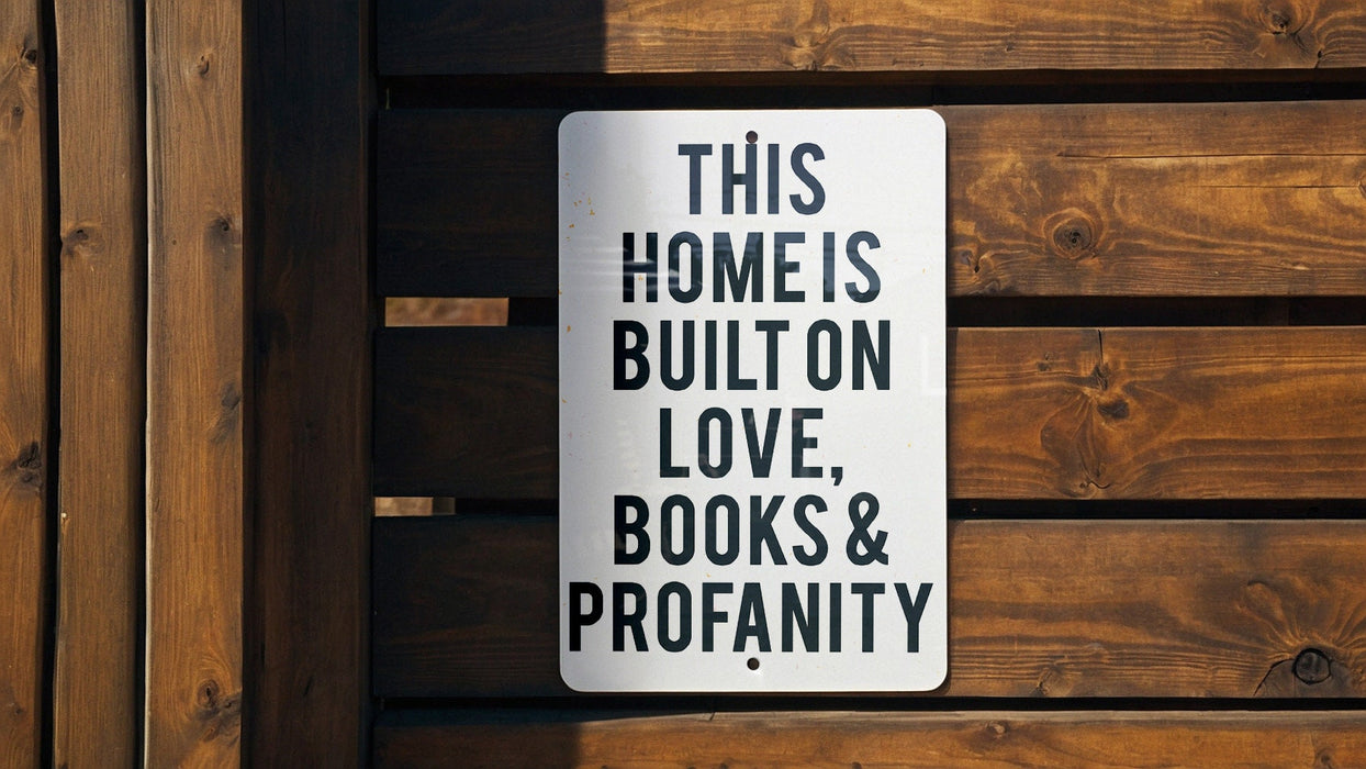 a sign that says this home is built on love, books and propanety