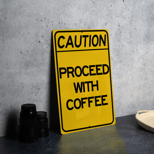 a caution sign sitting on top of a table