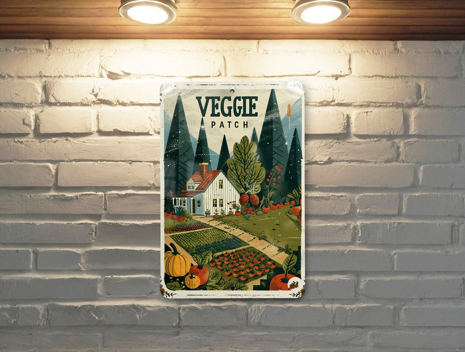 a brick wall with a picture of a vegetable patch on it