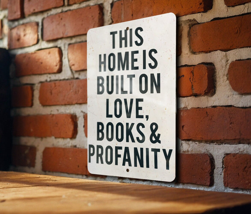a sign on a brick wall that says this home is built on love books and