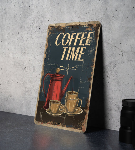 a sign that says coffee time with two cups of coffee