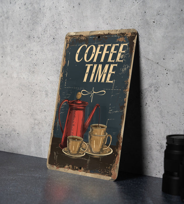a sign that says coffee time with two cups of coffee