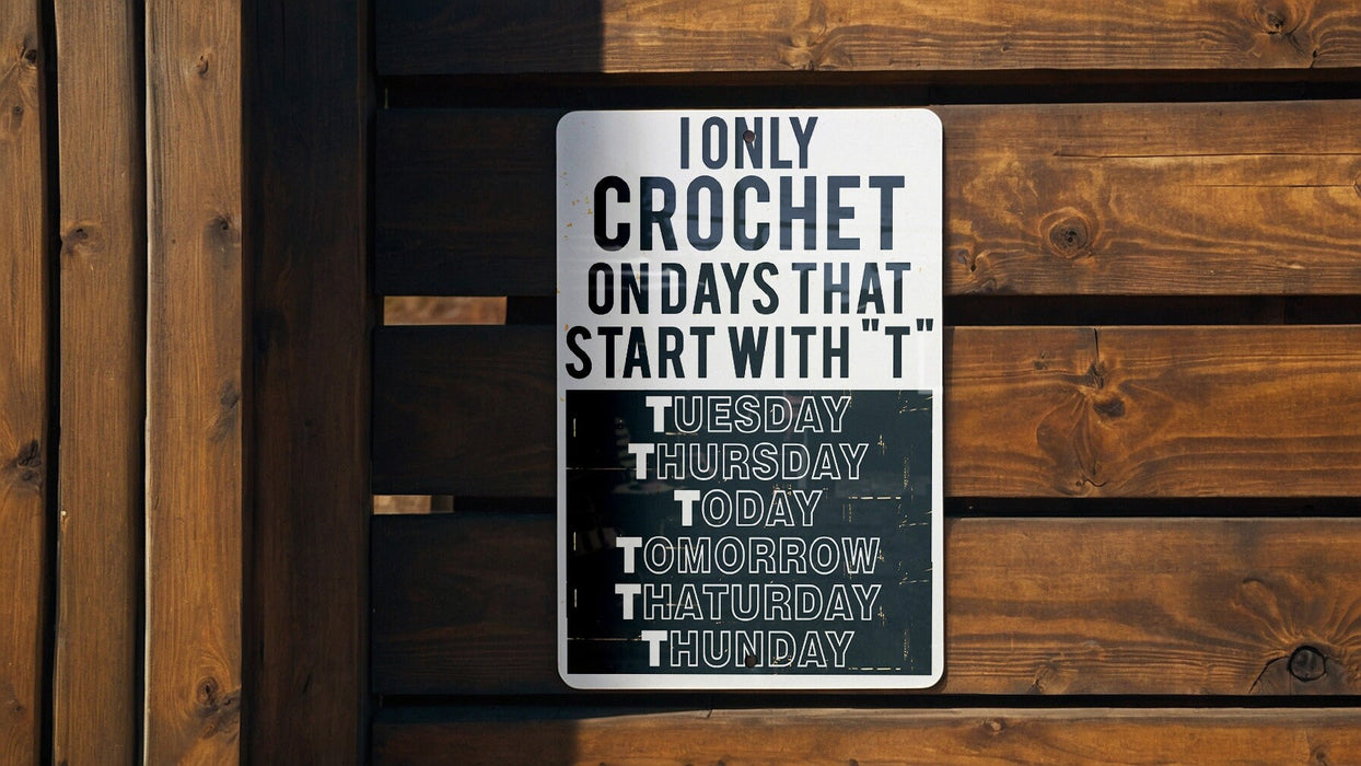 a sign on a wooden fence that says only crochet on days that start