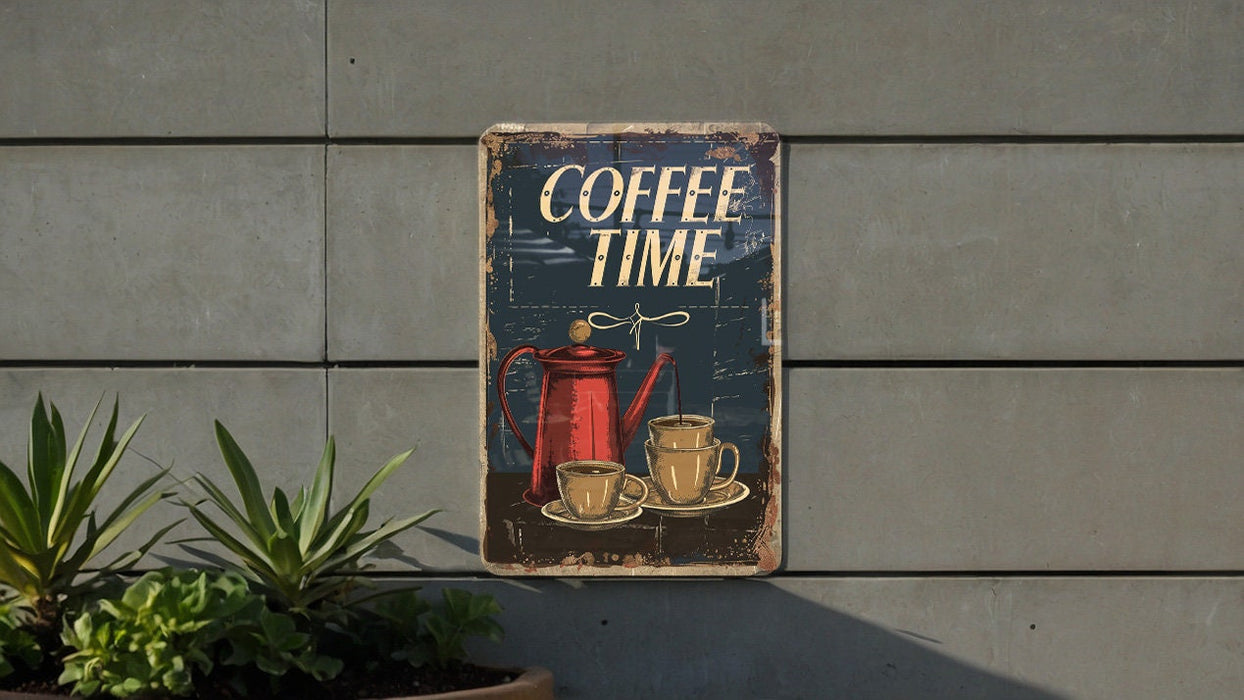 a sign on the side of a building that says coffee time