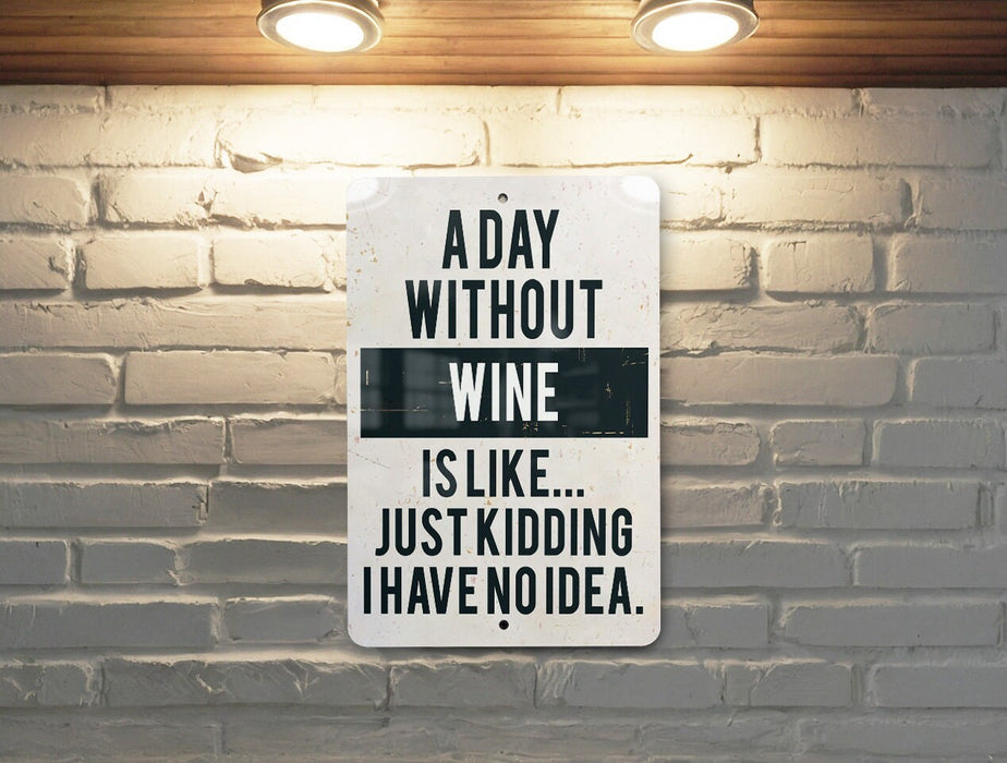 a sign on a brick wall that says, a day without wine is like just