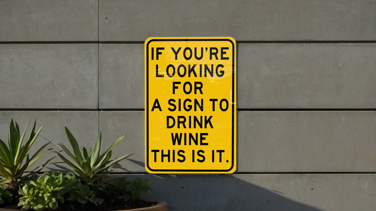 a yellow sign that says if you're looking for a sign to drink wine