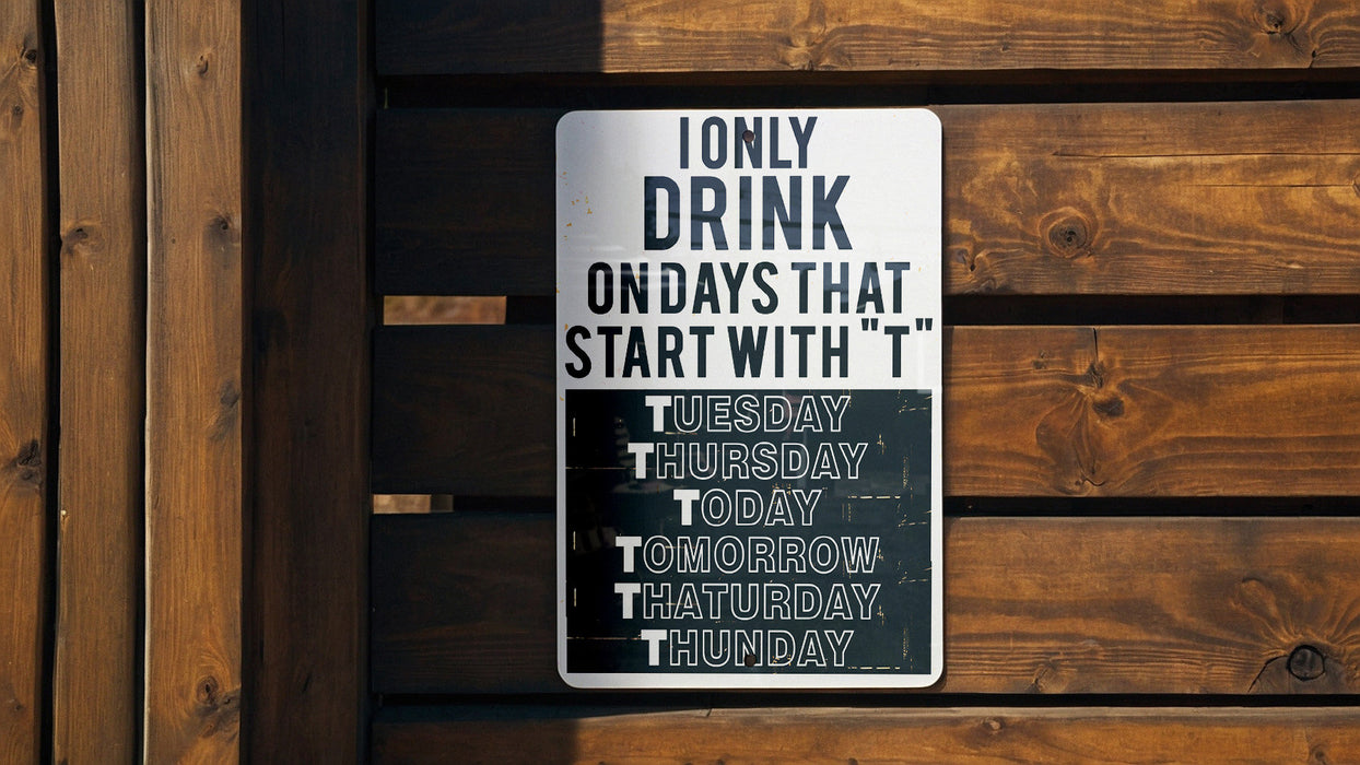 a sign on a wooden fence that says only drink on days that start with t