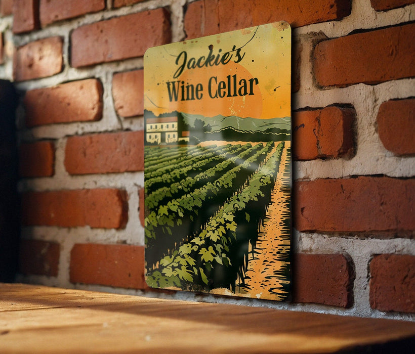 a wine cellar sign on a brick wall