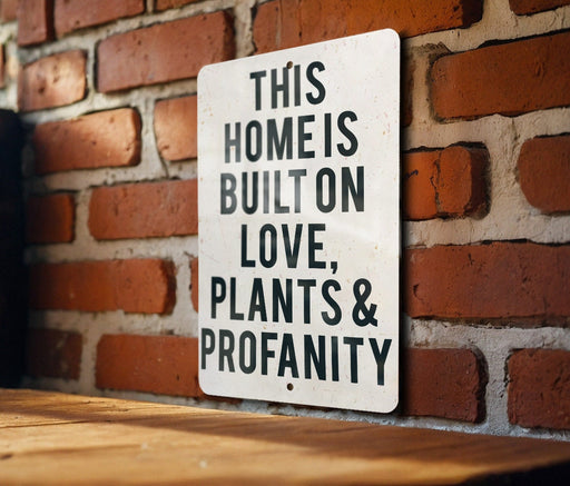 a sign on a brick wall that says this home is built on love plants and