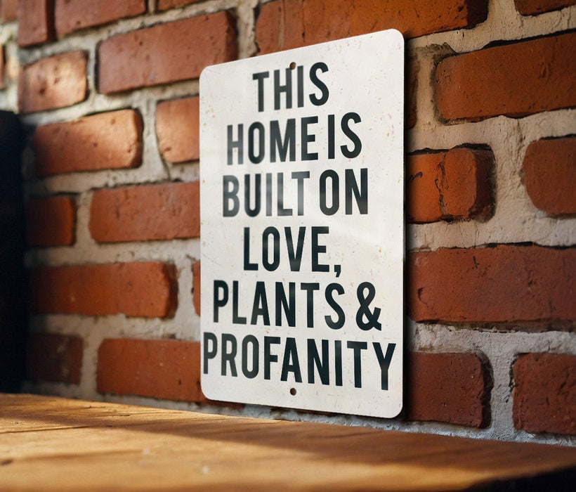 a sign on a brick wall that says this home is built on love plants and