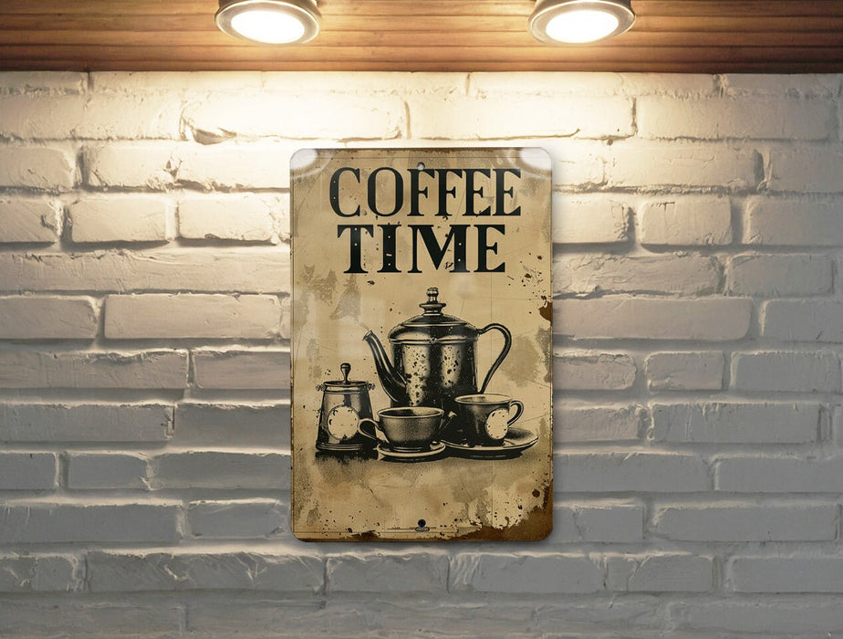 a coffee time sign on a brick wall