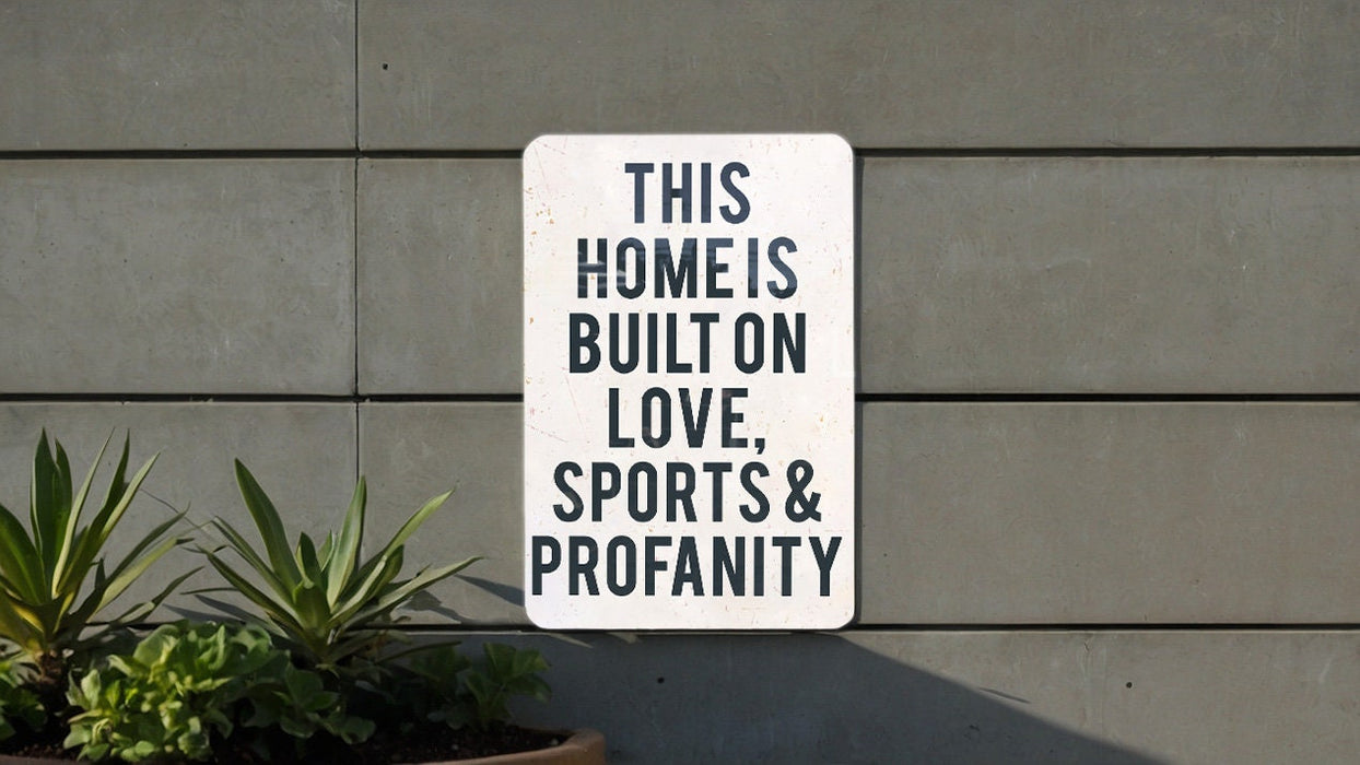 a sign on a wall that says this home is built on love, sports and