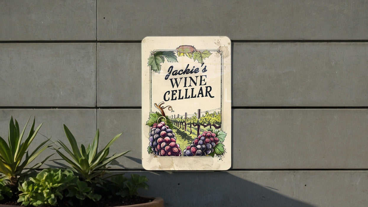 a sign for a wine cellar on the side of a building