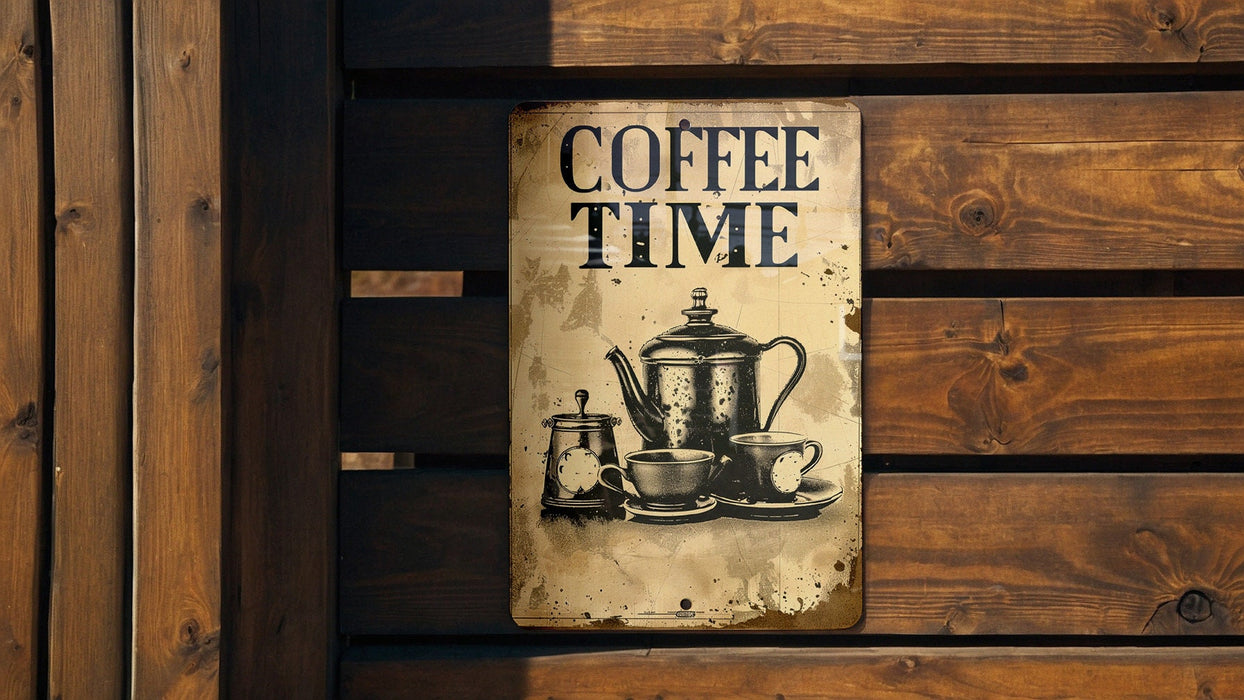 a coffee time sign hanging on a wooden wall