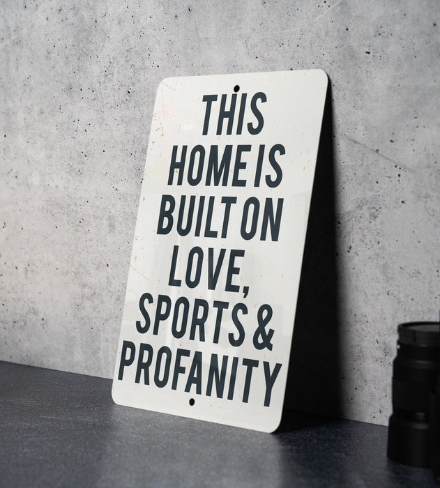 a sign that says this home is built on love, sports and propanety