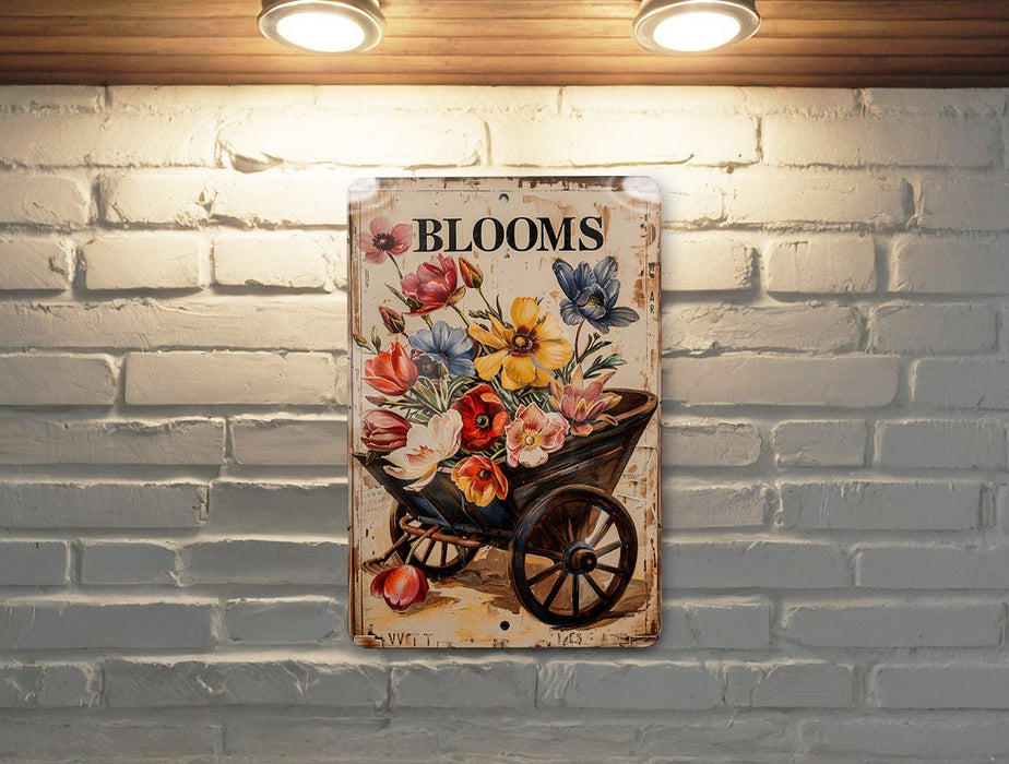 a sign on a brick wall that says blooms