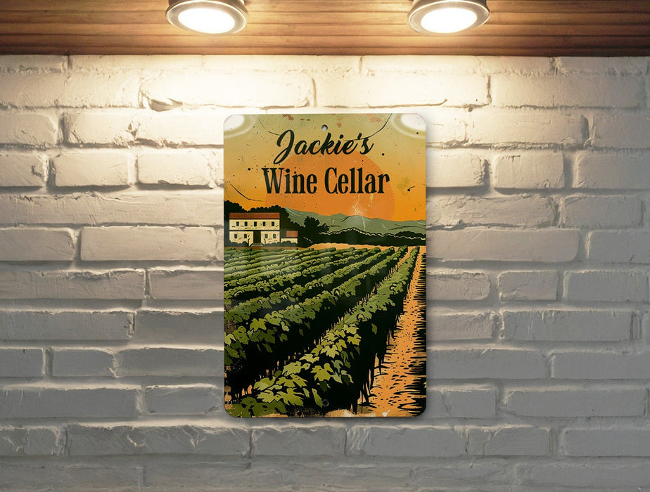 a picture of a wine cellar hanging on a brick wall