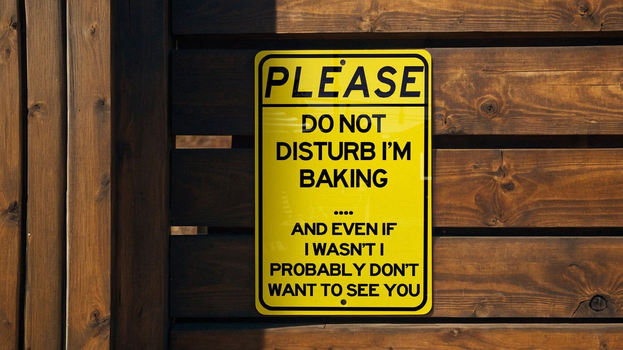a yellow don't disturb im baking sign on a wooden wall