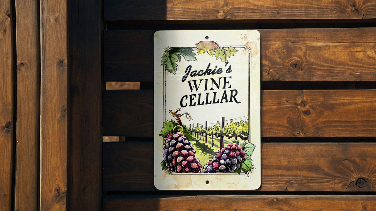 a wine cellar sign hanging on a wooden wall
