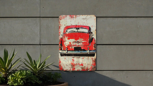 a painting of a red car on a wall