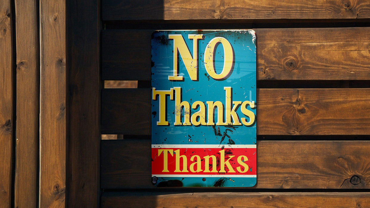 a no thanks sign on a wooden fence