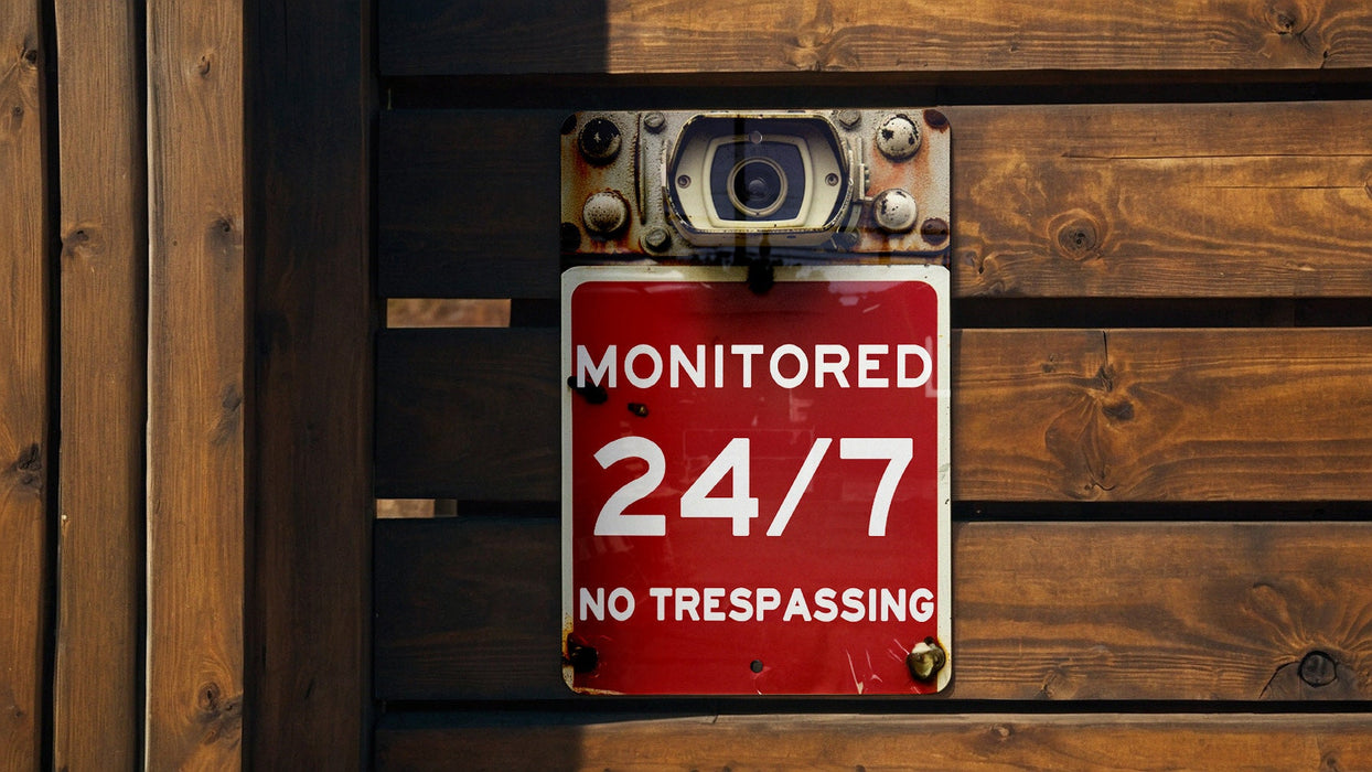 a red and white sign mounted to a wooden wall