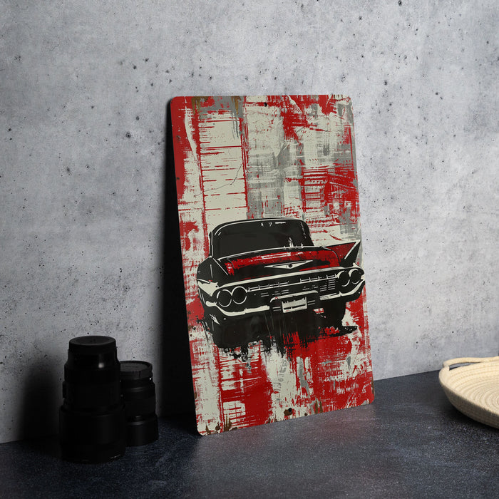 a painting of a car on a red and white background