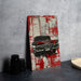 a painting of a car on a red and white background