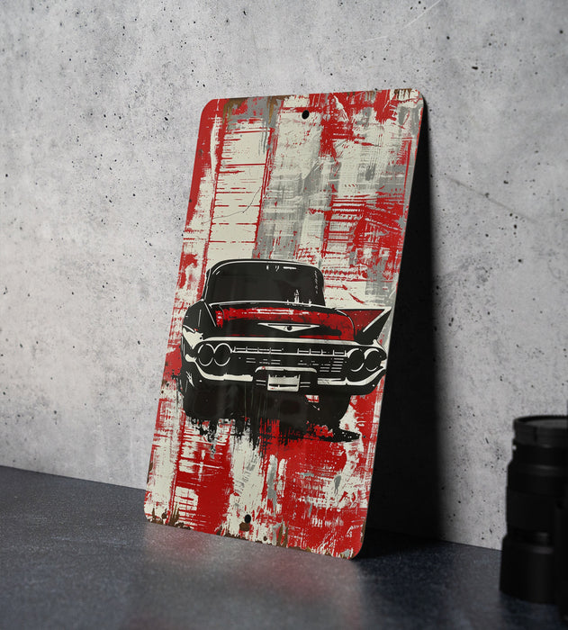 a painting of a red car on a wooden sign