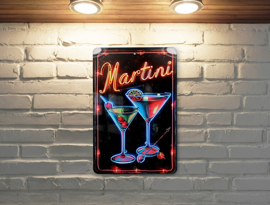a neon martini sign on a brick wall