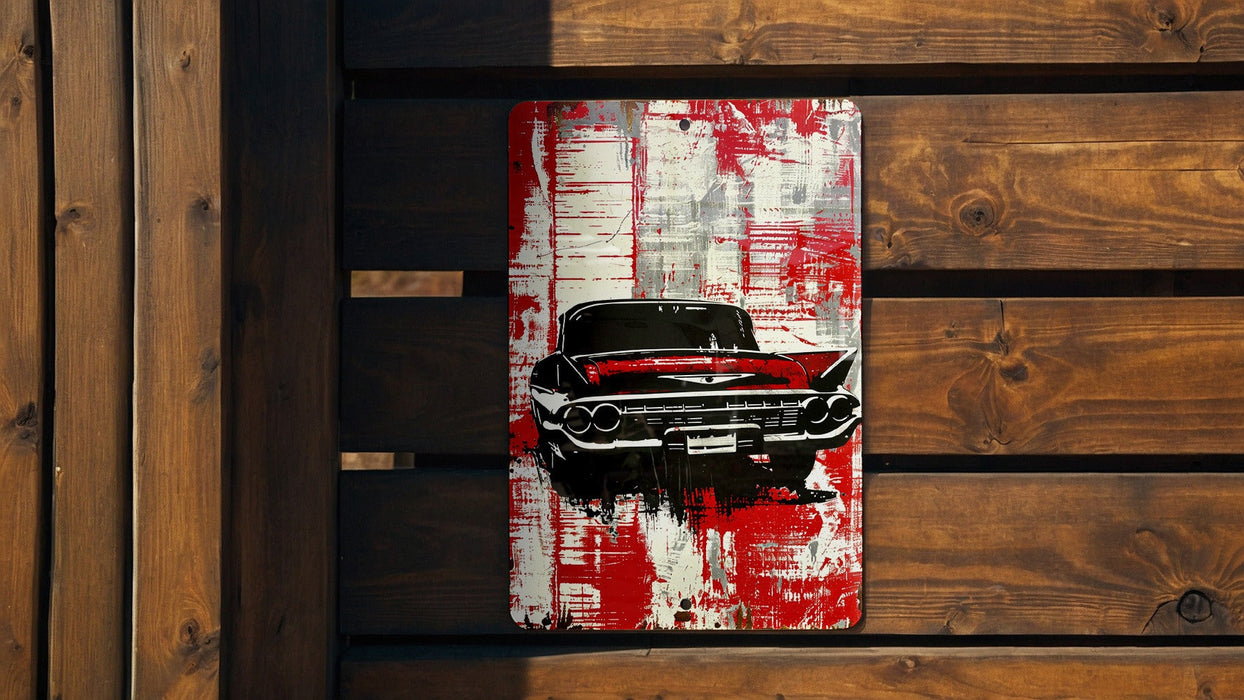a painting of a red car on a wooden wall