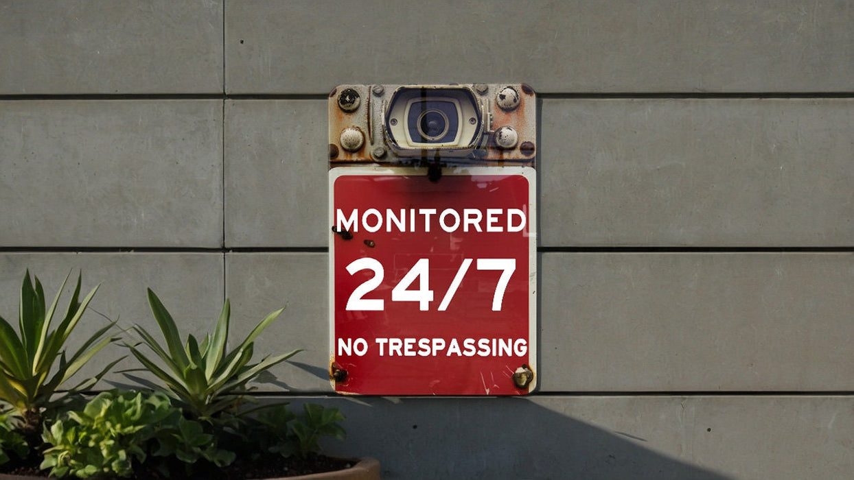 a red sign that reads monitored 24 / 7 / 17 no trespassing