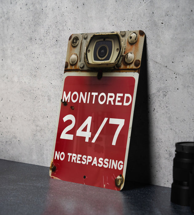 a red sign with a camera mounted to it