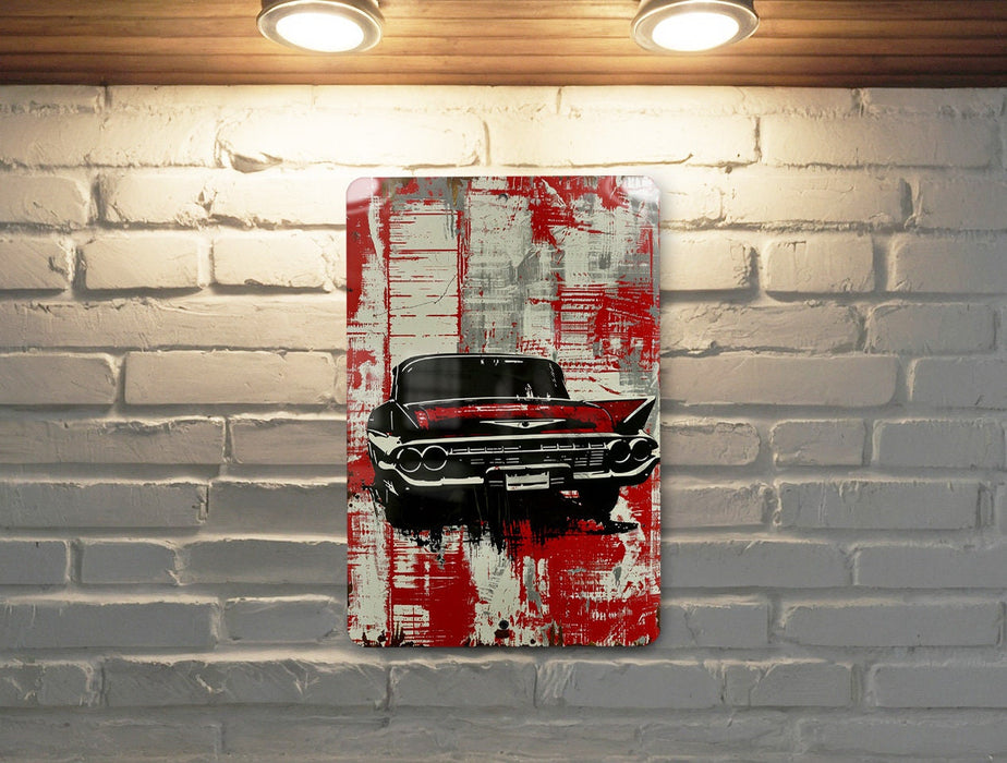 a painting of a red car on a brick wall
