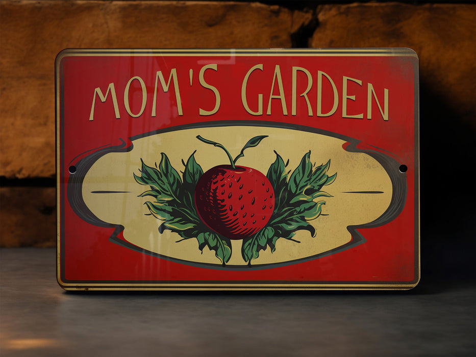 a red sign that says mom's garden on it