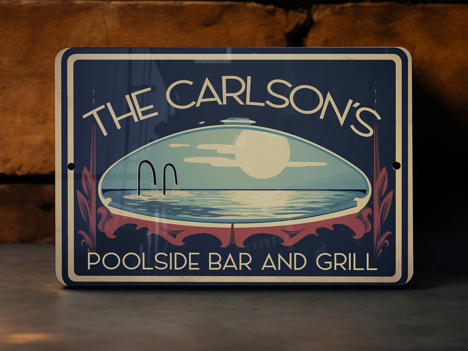 a sign for a pool side bar and grill