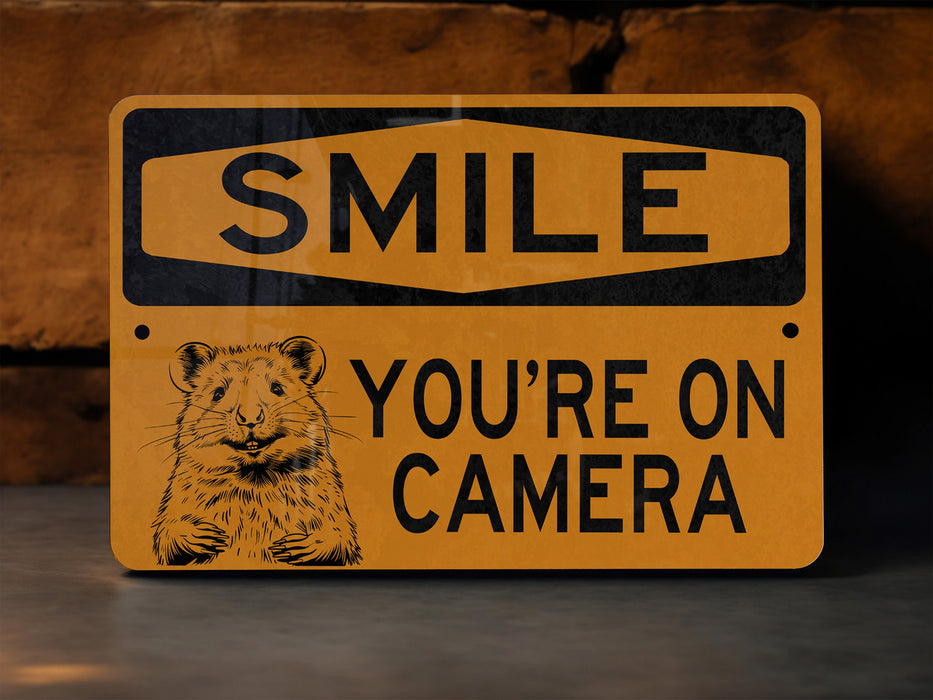 a yellow sign that says smile you're on camera