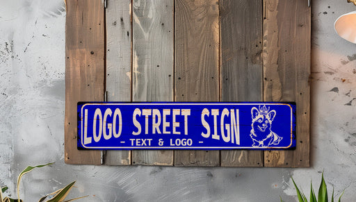 a blue street sign hanging on a wooden wall