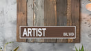 a street sign mounted to the side of a wooden wall
