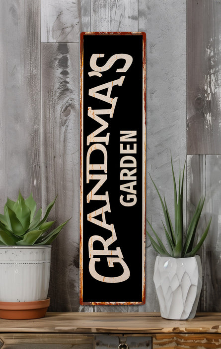 a sign on a shelf next to a potted plant