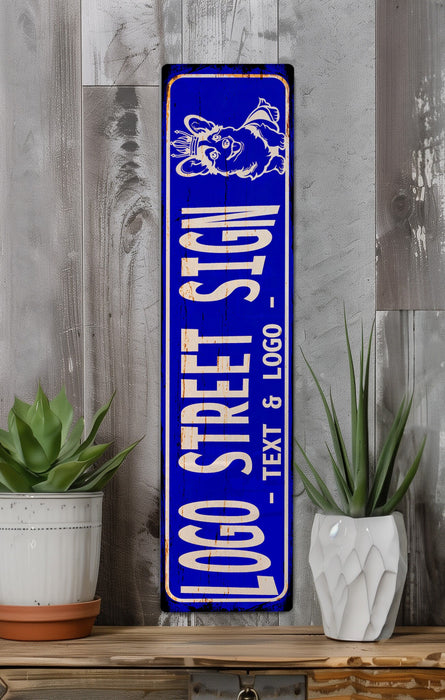 a blue sign sitting on top of a wooden shelf