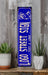 a blue sign sitting on top of a wooden shelf