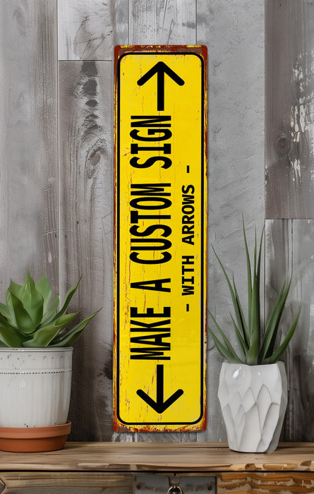 a yellow sign sitting on top of a wooden shelf