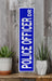 a blue sign sitting on top of a wooden shelf