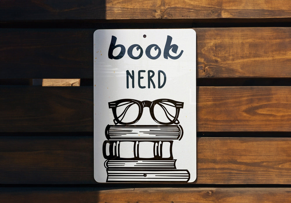 a book nerd sign on a wooden bench