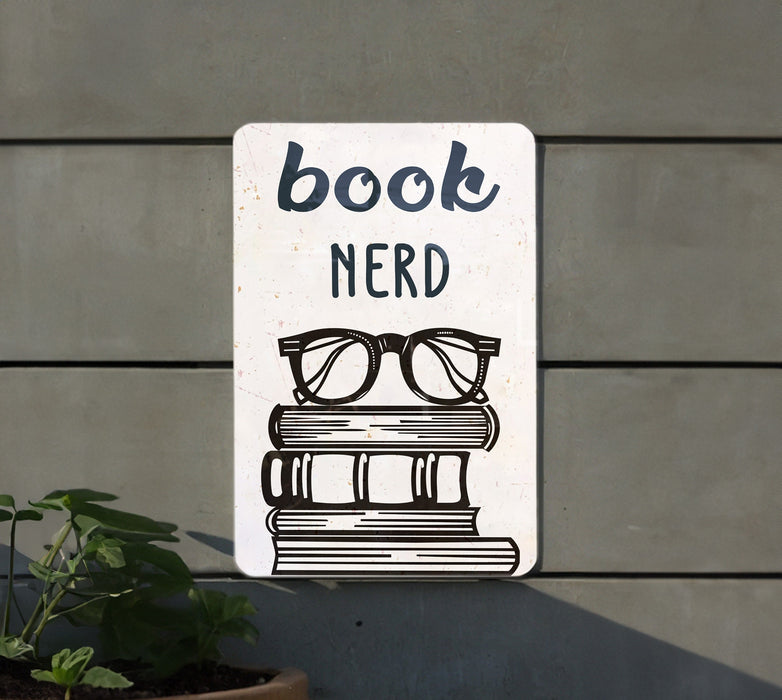 a sign that says book nerd with glasses on it
