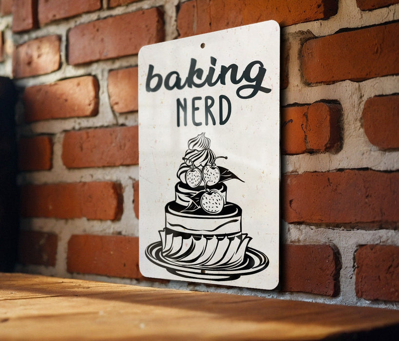 a sign on a brick wall that says baking nerd